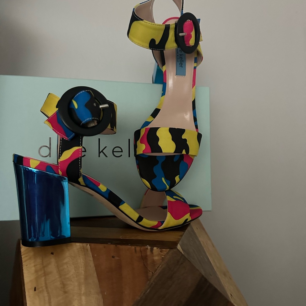 Dee Keller Yellow Blue Pink Black Patterned Block Heel Sandals